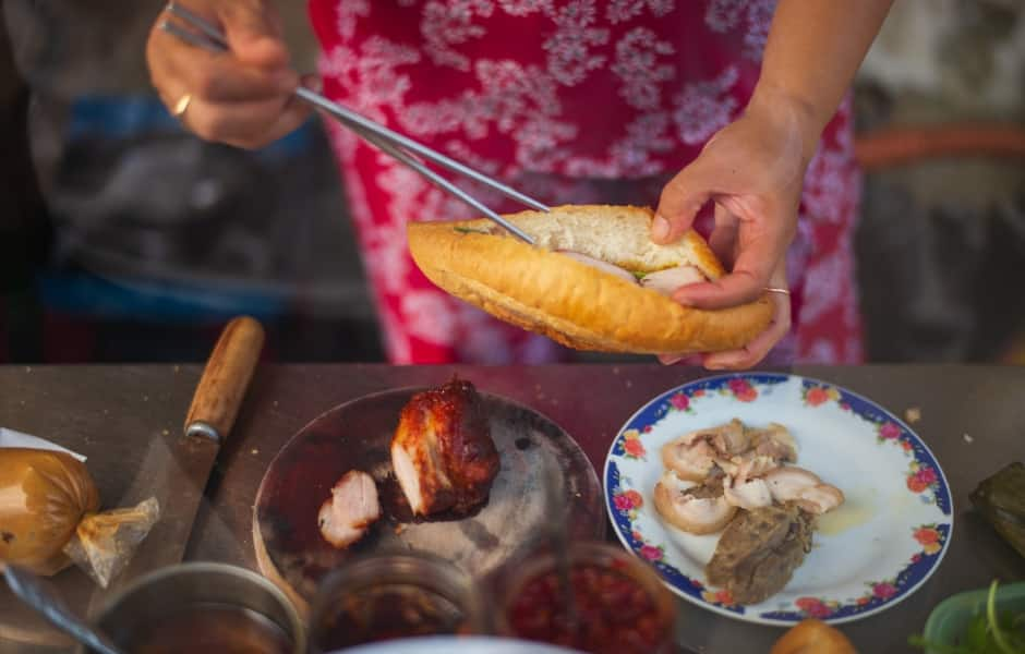 popular street food banh mi being served at a vietnam market